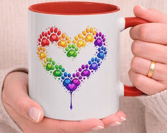 Rainbow Paw Heart Mug, Dog Lover Coffee Mug, Paw Print Heart Cup, Pet Lover Gift, Dog Mom Mug, Animal Lover Coffee Cup, Pride Dog Mug