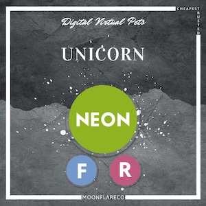 Può includere: Grafica per Digital Virtual Pets con la parola UNICORN, un cerchio verde neon con NEON e cerchi blu e rosa con F e R. Lo sfondo è grigio strutturato.