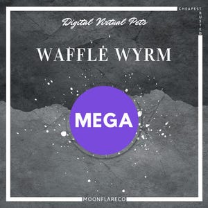 Puede incluir: Gráfico digital con el texto "Digital Virtual Pets" y "WAFFLE WYRM" en blanco. Un círculo morado con la palabra "MEGA" está centrado. El fondo es gris texturizado con detalles blancos.