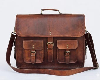 Bolso bandolera de cuero genuino hecho a mano: bolso para portátil de 18 pulgadas, maletín vintage (14x18x6)