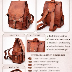 Mochila de cuero genuino de 30 cm hecha a mano / Bolso pequeño de cuero marrón vintage / Herrajes de latón macizo / Bolso de viaje para uso diario
