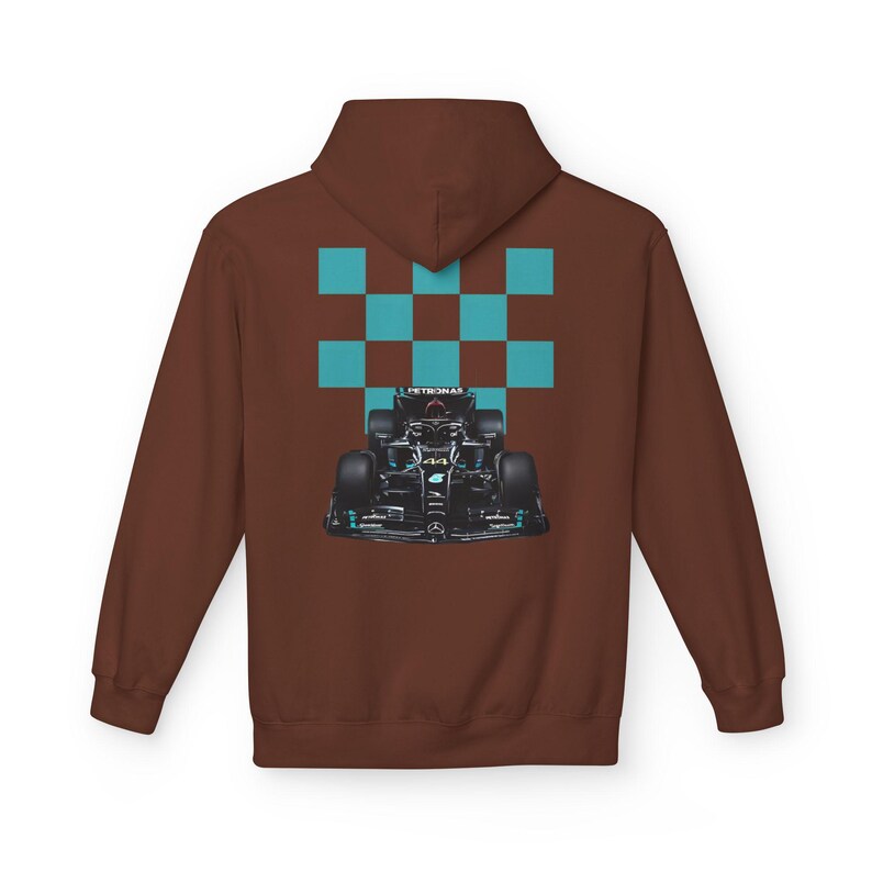 Mercedes Petronas Racing Hoodie | Teal Checkered F1 Car Design image 9