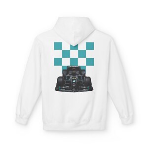 Mercedes Petronas Racing Hoodie | Teal Checkered F1 Car Design image 8