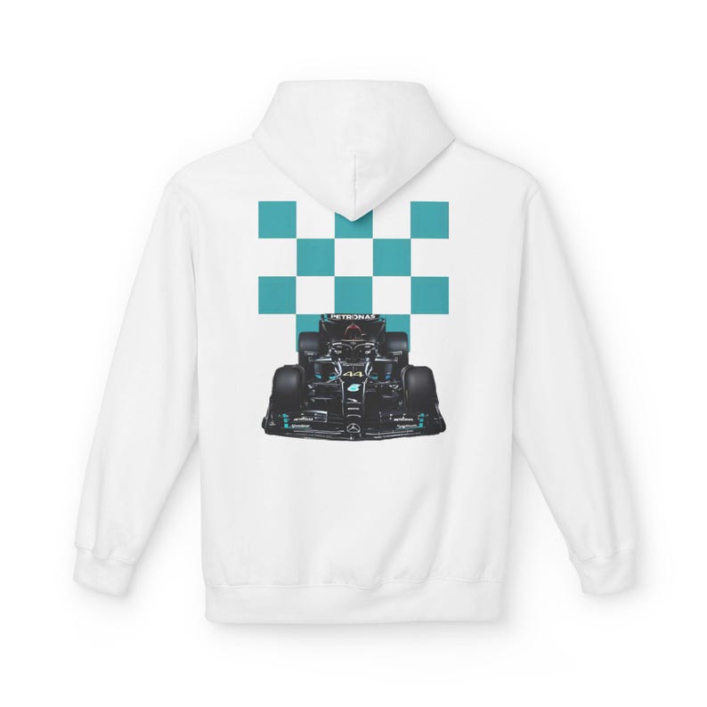 Mercedes Petronas Racing Hoodie | Teal Checkered F1 Car Design image 8