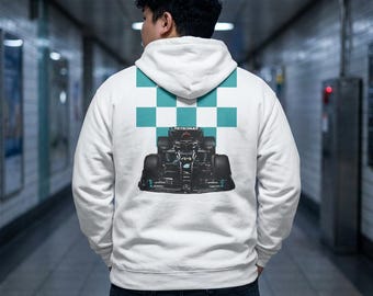 Mercedes Petronas Racing Hoodie | Teal Checkered F1 Car Design