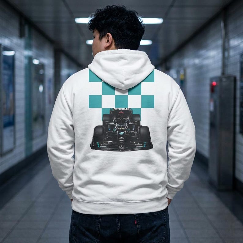 Mercedes Petronas Racing Hoodie | Teal Checkered F1 Car Design image 1