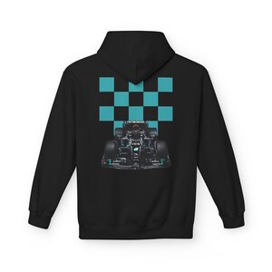 Mercedes Petronas Racing Hoodie | Teal Checkered F1 Car Design image 10