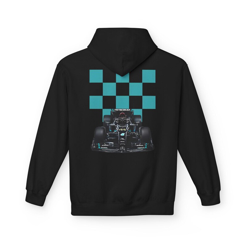 Mercedes Petronas Racing Hoodie | Teal Checkered F1 Car Design image 10