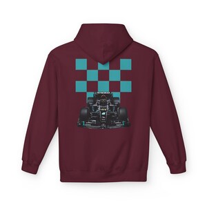 Mercedes Petronas Racing Hoodie | Teal Checkered F1 Car Design image 11