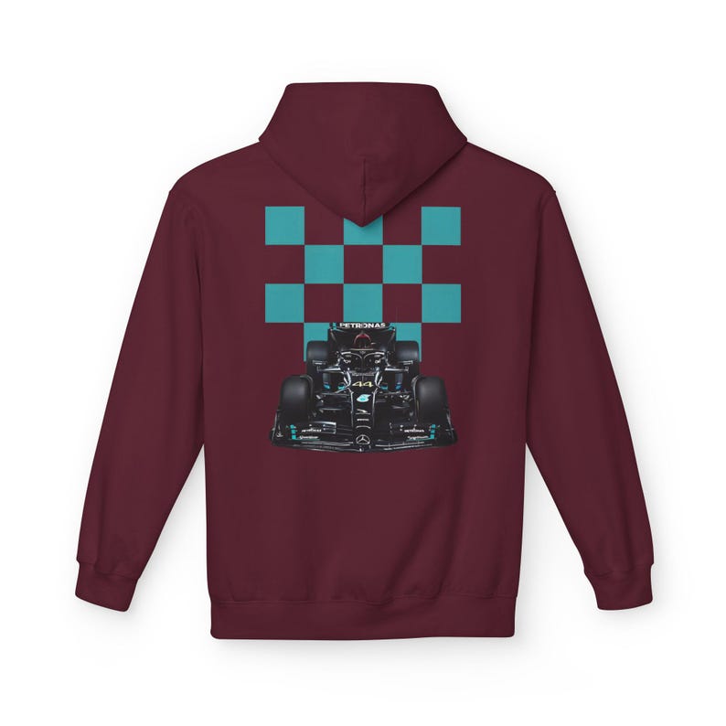 Mercedes Petronas Racing Hoodie | Teal Checkered F1 Car Design image 11