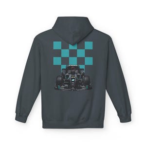 Mercedes Petronas Racing Hoodie | Teal Checkered F1 Car Design image 12