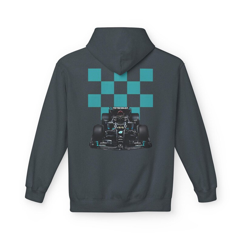 Mercedes Petronas Racing Hoodie | Teal Checkered F1 Car Design image 12