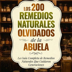 Puede incluir: Una estantería de madera llena de frascos de vidrio de varios tamaños, que contienen hierbas y especias. Un letrero central dice "LOS 200 REMEDIOS NATURALES OLVIDADOS de la ABUELA" en verde y marrón, con texto adicional debajo.