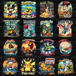 May include: A selection of vibrant cartoon character designs against a black backdrop. The designs showcase characters such as Mickey Mouse, SpongeBob, Belle, Woody, Wall-E, Ariel, Scooby-Doo, Dumbo, Moana, Simba, Buzz Lightyear, Stewie, Donald Duck, Pikachu, Garfield, and Looney Tunes characters.