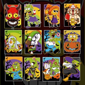 May include: A set of twelve rectangular stickers featuring cartoon characters in Halloween costumes and horror-themed outfits, including zombies, a clown with a red balloon, a witch, and a pumpkin, all set against a dark, spooky background.