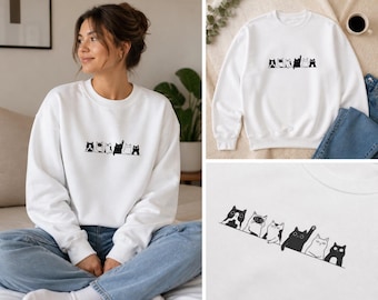 Embroidered Cat Silhouette Crewneck Sweatshirt | Minimalist Cat Lover Apparel