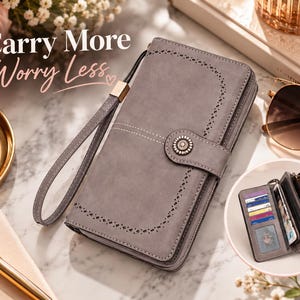 May include: A grey rectangular wallet with a wrist strap, featuring a snap button closure with a decorative metal center, perforated detailing along the edges, and an inset showing the interior with multiple card slots and a clear ID window.
