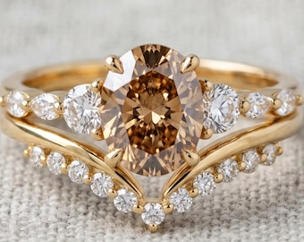 Anello di fidanzamento con moissanite ovale color champagne da 3,70 carati, set da sposa in oro 14 carati, fede nuziale curva, anello d'ispirazione vintage, anello di promessa unico