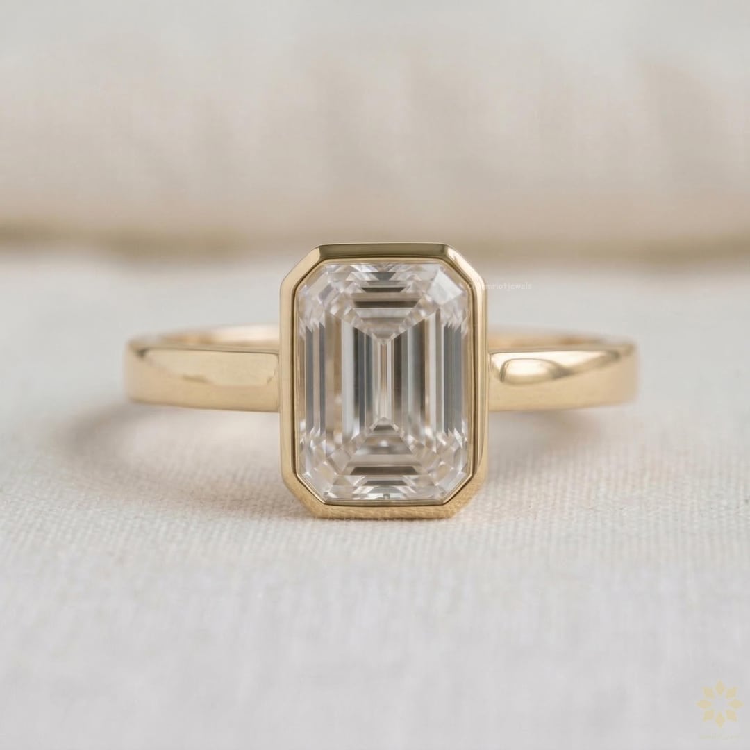 Rectangular Promise 3.76 CT Emerald Cut Bezel Diamond Ring Minimal Gold Engagement Ring ...