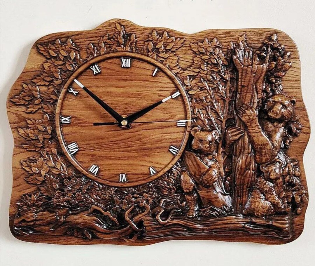 Rustic Timepiece Carved Bear Wooden Wall Clock – Solid Oak Rustic Home Decor, Roman ...