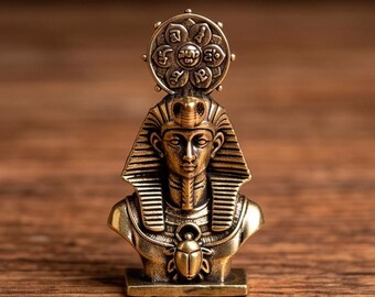 Brass Pharaoh Bust – Scarab Amulet, Om Mani Padme Hum, Meditation Decor
