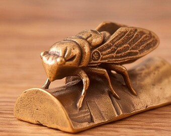 Mini Brass Cicada on Bamboo – Vintage Insect Figurine, Nature Decor