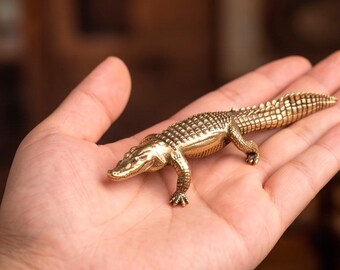 Vintage Solid Brass Crocodile  – Handmade Alligator Figurine, Desk Decor
