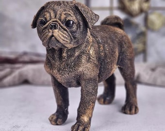 Large Pug Dog Figurine, Antique Bronze Polystone Sculpture, Rustic Home Decor Dog Lover Accent