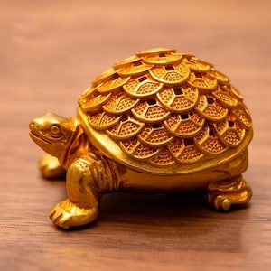 May include: A gold-coloured turtle figurine featuring a shell constructed from a layered pattern of circular coins. The turtle has a smooth head and limbs, with a textured, metallic finish throughout the entire structure of the object.