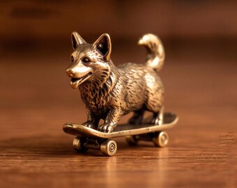 Brass Corgi Figurine on Skateboard – Mini Dog Statue, Cute Desk Decor