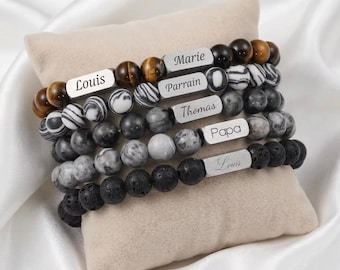 Bracelet personnalisé gravé perle en pierre naturelle Homme, bracelet gravure prénom, œil de tigre idée cadeau d'anniversaire parrain papa