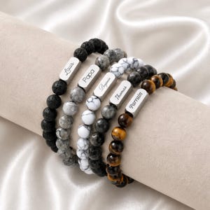 Bracelet personnalisé perle pierre naturelle gravé bracelet Homme gourmette gravure prénom œil de tigre idée cadeau d’anniversaire parrain