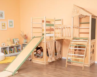 Wooden Playground for kids Kids Gym Set with Climbing Wall, Rings and Mats , Wall Bars Home