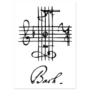 Könnte beinhalten: Ein Schwarz-Weiß-Druck mit Noten in Kreuzform, mit einem Violinschlüssel und dem Namen "Bach" in Schreibschrift darunter. Das Design ist eine minimalistische Darstellung von Musik.