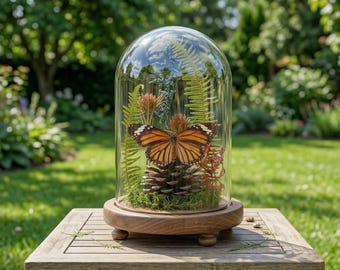 Orange Monarch Butterfly Specimen | Glass Dome Cloche | Botanical Entryway Decor | Woodland Display