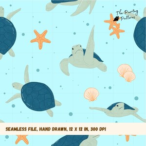 Seamless Sea Turtle Pattern, Hand Drawn Nautical Ocean Design, Blue Marine Coastal Starfish Shells PNG Pattern (Digital Download)