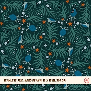 Seamless Sea Turtle Pattern, Hand Drawn Nautical Ocean Design, Dark Marine Coastal Starfish Shells PNG Pattern (Digital Download)