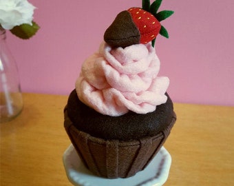 Felt Food Chocolate Strawberry Cupcake, Felt cupcake, fake cupcake, felt play food, fake food, pretend bakery