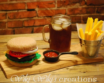 Felt Food Hamburger Combo with Fries or Onion Rings, felt burger, felt play food, play food, fake food, pretend kitchen, burger and fries