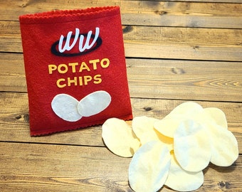 May include: A red felt bag with the words "WW Potato Chips" embroidered on it. The bag is filled with white felt potato chips.