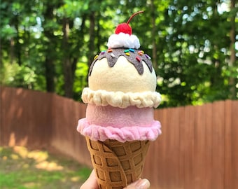 Felt Food Ice Cream Sundae Cone, Pretend Play Dessert, Waffle Cone