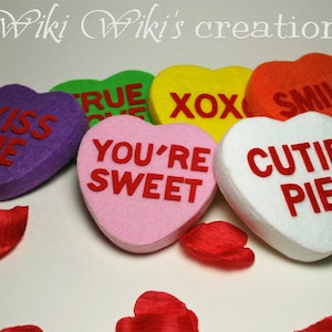 SIX Felt Candy Hearts Custom colors & words, felt candy, photo prop, valentines, anniversary image 1