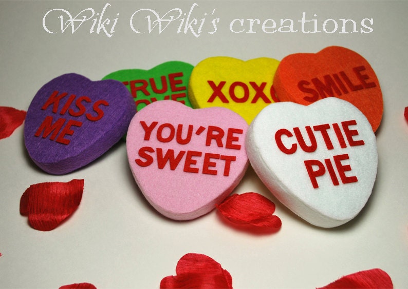 SIX Felt Candy Hearts Custom colors & words, felt candy, photo prop, valentines, anniversary image 1