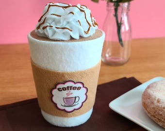 Felt Caramel Latte with Whip Cream, Pretend Coffee Cup, Play Food