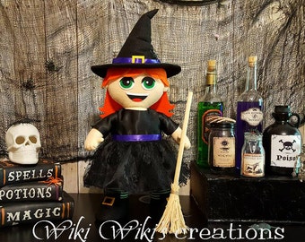 Plush Witch Doll with Broom, witch doll, felt witch, felt doll, fabric doll, Halloween mascot