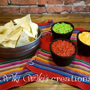 Felt Food Tortilla Chips with (1) dipping cup, felt food, play food, felt play food, guacamole, salsa, cheese dip, tortilla chips