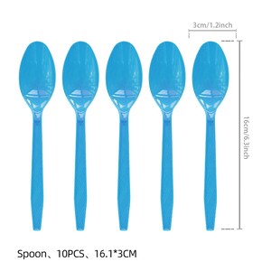 May include: Five light blue plastic spoons arranged in a row. Each spoon is 6.3 inches long and 1.2 inches wide. The image includes the text "Spoon, 10PCS, 16.1*3CM".