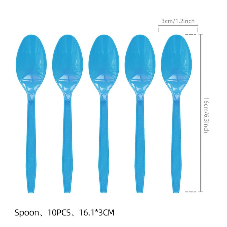 May include: Five light blue plastic spoons arranged in a row. Each spoon is 6.3 inches long and 1.2 inches wide. The image includes the text "Spoon, 10PCS, 16.1*3CM".