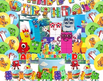 Number Buddies Verjaardagsfeestje Decoraties – Numblocksbanner, taarttopper, ballonnen, achtergrond, servies
