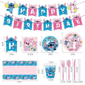 Angel and Stitch födelsedagsfesttillbehör: Tallrikar, koppar, bordsduk, dekorationer Set  A